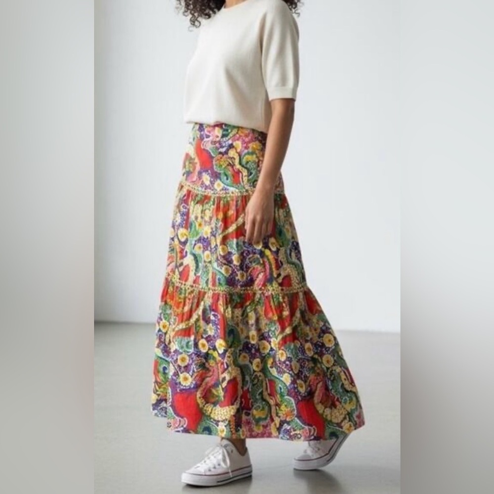 Vibrant Red Multi-Print Tiered Maxi Skirt